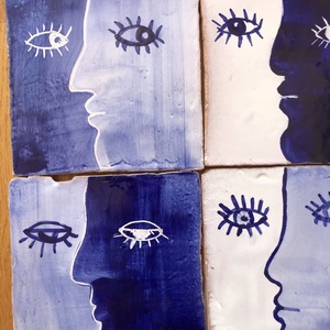 Kézzel festett, mázazott portugál csempekép arcok, 9db-os kompozíció - otthon & életmód - dekoráció - fali és függő dekoráció - csempe - Meska.hu