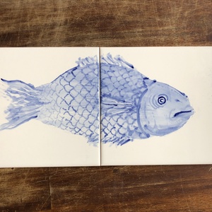Kézzel festett mázazott portugál csempekép hal, 2 db-os kompozíció, Otthon & Életmód, Dekoráció, Fali és függő dekoráció, Csempe, Festett tárgyak, Festészet, MESKA