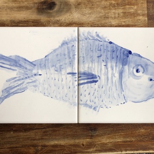 Kézzel festett mázazott portugál csempekép hal, 2 db-os kompozíció, Otthon & Életmód, Dekoráció, Fali és függő dekoráció, Csempe, Festett tárgyak, Festészet, MESKA