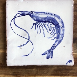 Kézzel festett mázazott portugál csempekép Garnéla, , Otthon & Életmód, Dekoráció, Fali és függő dekoráció, Csempe, Agyagozás, MESKA