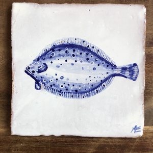 Kézzel festett mázazott portugál csempekép Lepényhal, , Otthon & Életmód, Dekoráció, Fali és függő dekoráció, Csempe, Agyagozás, MESKA