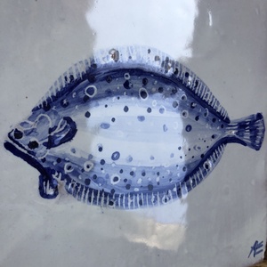 Kézzel festett mázazott portugál csempekép Lepényhal,  - otthon & életmód - dekoráció - fali és függő dekoráció - csempe - Meska.hu