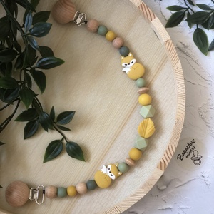 Nyunyótartó mustársárga róka, Baba - mama, Baba játékok, Cumilánc, Csomózás, Gyöngyfűzés, gyöngyhímzés, MESKA