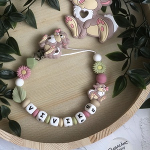 Rágcsalánc nyuszi mályva/zöld színben , Baba - mama, Baba játékok, Cumilánc, Csomózás, Gyöngyfűzés, gyöngyhímzés, MESKA