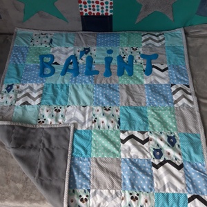 Patchwork babatakaró, kisfiús színösszetételben, névvel - otthon & életmód - babaszoba, gyerekszoba - babatakaró, gyerek pléd - Meska.hu
