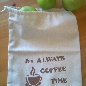 Lenvászon zsák - Cofee time 25x30,5 cm - Meska.hu