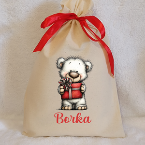 Névre szóló egyedi mintás mikulászsák natúr színben, Karácsony, Mikulás, Mikulás zsák, Varrás, MESKA