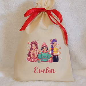 Névre szóló Huntrix mintás mikulászsák natúr színben, Karácsony, Mikulás, Mikulás zsák, Varrás, MESKA