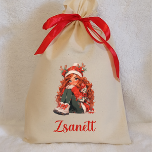 Névre szóló egyedi mintás mikulászsák natúr színben, Karácsony, Mikulás, Mikulás zsák, Varrás, MESKA