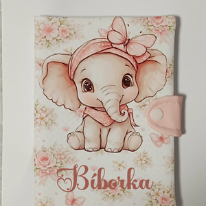 Elefánt mintás textil egészségügyi kiskönyv borító névvel , Baba - mama, Babaemlékek, Egészségügyi kiskönyv borító, Varrás, Fotó, grafika, rajz, illusztráció, MESKA