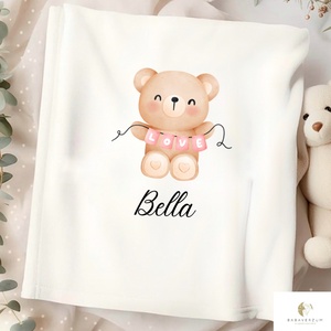 Névre szóló takaró babáknak, szívecskés, mackó mintával, Otthon & Életmód, Babaszoba, gyerekszoba, Babatakaró, gyerek pléd, , MESKA