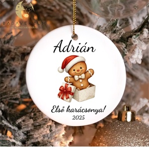 Névre szóló, első karácsonyos dísz, mézeskalács mintával, Karácsony, Karácsonyi lakásdekoráció, Karácsonyfadíszek, , MESKA