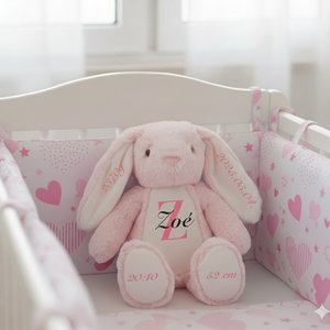 Egyedi, névre szóló, születési adatos rózsaszín nyuszi plüss - emlékőrző - Meska.hu