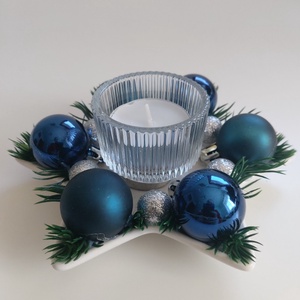 Kék és ezüst díszes karácsonyi mécsestartó, Karácsony, Karácsonyi lakásdekoráció, Ünnepi asztaldekoráció, Mindenmás, MESKA