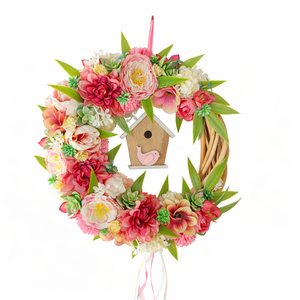 Tavaszi virágkoszorú madárházzal � ajtódísz (26 cm)  - Meska.hu
