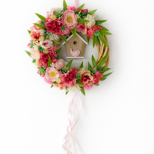 Tavaszi virágkoszorú madárházzal � ajtódísz (26 cm)  - otthon & életmód - dekoráció - ajtó- és ablak dekoráció - ajtódísz & kopogtató - Meska.hu