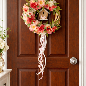 Tavaszi virágkoszorú madárházzal � ajtódísz (26 cm)  - otthon & életmód - dekoráció - ajtó- és ablak dekoráció - ajtódísz & kopogtató - Meska.hu