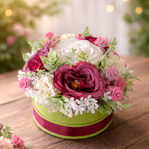 Bordó rózsás asztaldísz zöld dobozban - otthon & életmód - dekoráció - asztal és polc dekoráció - asztaldísz - Meska.hu