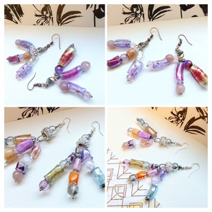 Tarka újrahasznos műanyag és üveg gyöngy fülbevaló , Ékszer, Fülbevaló, Lógó fülbevaló, Ékszerkészítés, Gyöngyfűzés, gyöngyhímzés, MESKA