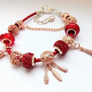 Szívecskés Rosé Gold Pandora stílusú karkötő álomfogó charmmal - ékszer - karkötő - charm karkötő - Meska.hu