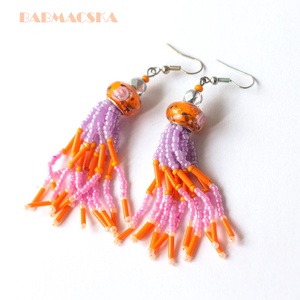 Narancs és málna fürtüs gyöngy fülbevaló , Ékszer, Fülbevaló, Rojtos fülbevaló, Ékszerkészítés, Gyöngyfűzés, gyöngyhímzés, MESKA