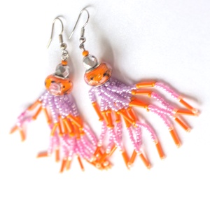 Narancs és málna fürtüs gyöngy fülbevaló  - ékszer - fülbevaló - rojtos fülbevaló - Meska.hu