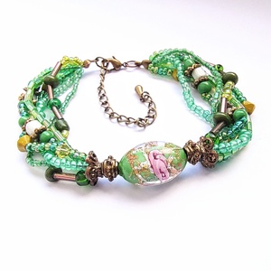 6 soros zöld és bronz gyöngy karkötő különleges rózsa mintás muranoi üveggyönggyel a közepén , Ékszer, Karkötő, Gyöngyös karkötő, Gyöngyfűzés, gyöngyhímzés, MESKA