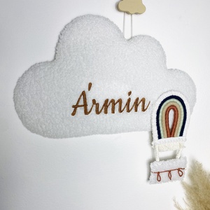 Névre szóló hímzett bárányfelhő fali dekoráció makramé hőlégballonnal - két méretben - baba - mama - babaszoba dekoráció - babanév dekoráció - Meska.hu