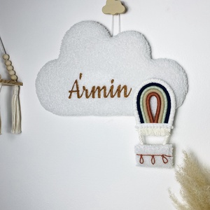 Névre szóló hímzett bárányfelhő fali dekoráció makramé hőlégballonnal - két méretben - baba - mama - babaszoba dekoráció - babanév dekoráció - Meska.hu