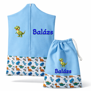 Ovis zsák + tornazsák szett névvel és jellel (kék + dínós), ajándék szeretetküldővel, Játék & Sport, Ovis felszerelés, Ovis szett, Varrás, Mindenmás, MESKA