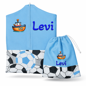 Ovis zsák + tornazsák szett névvel és jellel (kék + focis), ajándék szeretetküldővel, Játék & Sport, Ovis felszerelés, Ovis szett, Varrás, Mindenmás, MESKA