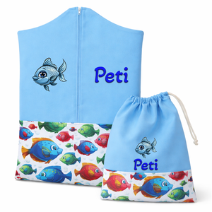 Ovis zsák + tornazsák szett névvel és jellel (kék + halacskás), ajándék szeretetküldővel, Játék & Sport, Ovis felszerelés, Ovis szett, Varrás, Mindenmás, MESKA