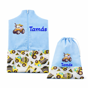 Ovis zsák + tornazsák szett névvel és jellel (kék + sárga dömperes-betonkeverős), ajándék szeretetküldővel, Játék & Sport, Ovis felszerelés, Ovis szett, Varrás, Mindenmás, MESKA