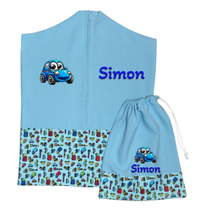 Ovis zsák + tornazsák szett névvel és jellel (kék + kisautós), ajándék szeretetküldővel, Játék & Sport, Ovis felszerelés, Ovis szett, Varrás, Mindenmás, MESKA