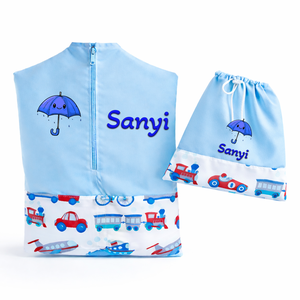 Ovis zsák + tornazsák szett névvel és jellel (kék + kisvonatos-repülős), ajándék szeretetküldővel, Játék & Sport, Ovis felszerelés, Ovis szett, Varrás, Mindenmás, MESKA