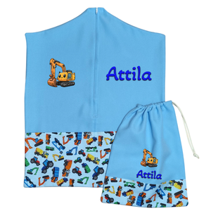 Ovis zsák + tornazsák szett névvel és jellel (kék + munkagépes), ajándék szeretetküldővel, Játék & Sport, Ovis felszerelés, Ovis szett, Varrás, Mindenmás, MESKA