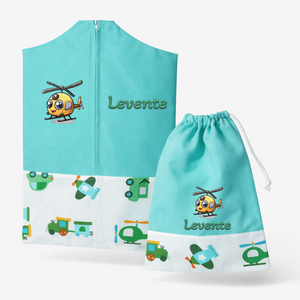 Ovis zsák + tornazsák szett névvel és jellel (mentazöld + repülős-vonatos-autós), ajándék szeretetküldővel, Játék & Sport, Ovis felszerelés, Ovis szett, Varrás, Mindenmás, MESKA