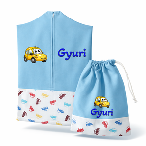 Ovis zsák + tornazsák szett névvel és jellel (kék + retró kisautós), ajándék szeretetküldővel, Játék & Sport, Ovis felszerelés, Ovis szett, Varrás, Mindenmás, MESKA