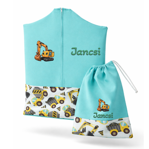 Ovis zsák + tornazsák szett névvel és jellel (kék + sárga dömperes-betonkeverős), ajándék szeretetküldővel, Játék & Sport, Ovis felszerelés, Ovis szett, Varrás, Mindenmás, MESKA