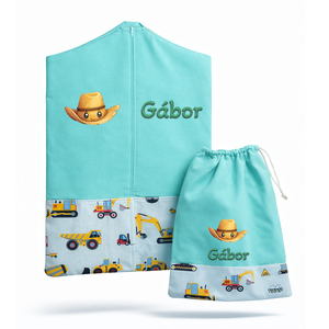 Ovis zsák + tornazsák szett névvel és jellel (mentazöld + sárga munkagépes), ajándék szeretetküldővel, Játék & Sport, Ovis felszerelés, Ovis szett, Varrás, Mindenmás, MESKA