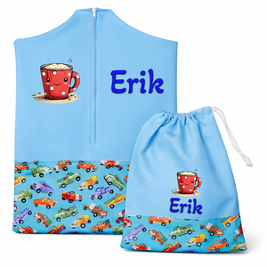 Ovis zsák + tornazsák szett névvel és jellel (kék + színes autós), ajándék szeretetküldővel, Játék & Sport, Ovis felszerelés, Ovis szett, Varrás, Mindenmás, MESKA