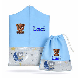 Ovis zsák + tornazsák szett névvel és jellel (kék + szürke macis-holdas), ajándék szeretetküldővel, Játék & Sport, Ovis felszerelés, Ovis szett, Varrás, Mindenmás, MESKA