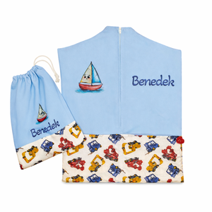 Ovis zsák + tornazsák szett névvel és jellel (kék + targoncás-darus), ajándék szeretetküldővel, Játék & Sport, Ovis felszerelés, Ovis szett, Varrás, Mindenmás, MESKA