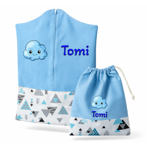 Ovis zsák + tornazsák szett névvel és jellel (kék + türkiz háromszöges), ajándék szeretetküldővel, Játék & Sport, Ovis felszerelés, Ovis szett, Varrás, Mindenmás, MESKA