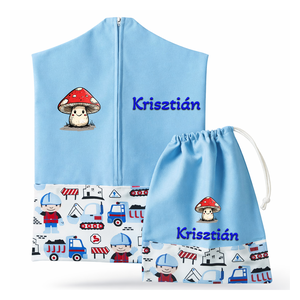 Ovis zsák + tornazsák szett névvel és jellel (kék + útépítős), ajándék szeretetküldővel, Játék & Sport, Ovis felszerelés, Ovis szett, Varrás, Mindenmás, MESKA