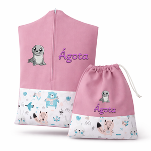 Ovis zsák + tornazsák szett névvel és jellel (rózsaszín + bébi állatkás), ajándék szeretetküldővel, Játék & Sport, Ovis felszerelés, Ovis szett, Varrás, Mindenmás, MESKA