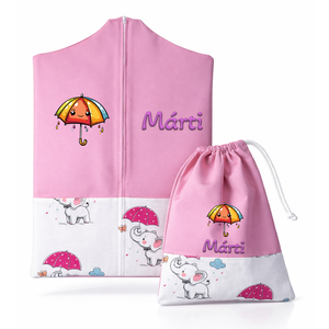 Ovis zsák + tornazsák szett névvel és jellel (rózsaszín + esernyős elefántos), ajándék szeretetküldővel, Játék & Sport, Ovis felszerelés, Ovis szett, Varrás, Mindenmás, MESKA