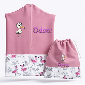 Ovis zsák + tornazsák szett névvel és jellel (rózsaszín + flamingós), ajándék szeretetküldővel, Játék & Sport, Ovis felszerelés, Ovis szett, Varrás, Mindenmás, MESKA