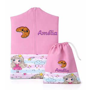 Ovis zsák + tornazsák szett névvel és jellel (rózsaszín + királylányos-hercegnős), ajándék szeretetküldővel, Játék & Sport, Ovis felszerelés, Ovis szett, Varrás, Mindenmás, MESKA