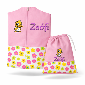 Ovis zsák + tornazsák szett névvel és jellel (rózsaszín + pink-sárga-zöld virágos), ajándék szeretetküldővel, Játék & Sport, Ovis felszerelés, Ovis szett, Varrás, Mindenmás, MESKA
